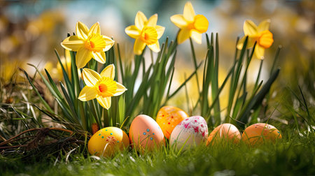 Easter eggs and daffodil flower on meadow. Easter eggs. Generative Aiの素材