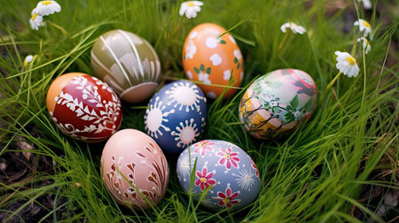 Easter eggs decorated with flowers in the grass. Easter eggs. Generative Aiの素材