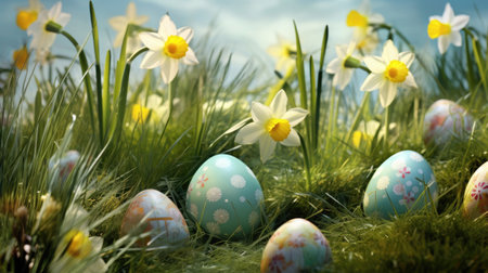 Easter eggs and daffodil flower on meadow. Easter eggs. Generative Aiの素材