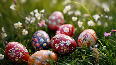Easter eggs decorated with flowers in the grass. Easter eggs. Generative Aiの素材