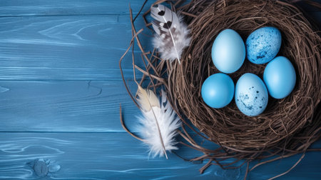 Easter eggs, feathers in a nest on a blue wooden background. The minimal concept. Card with a copy of the place for the text. Generative Aiの素材