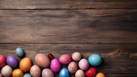 Easter eggs on wooden background. Easter eggs. Generative Aiの素材