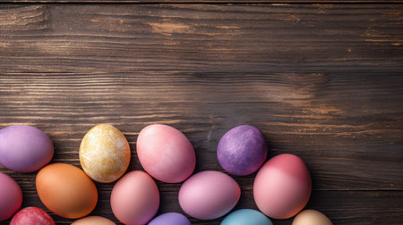 Easter eggs on wooden background. Easter eggs. Generative Aiの素材