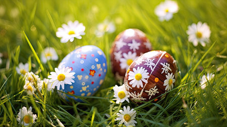 Three decorated easter eggs in the grass with daisies. Easter eggs. Generative Aiの素材