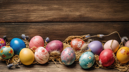 Easter eggs on wooden background. Easter eggs. Generative Aiの素材