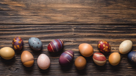 Easter eggs on wooden background. Easter eggs. Generative Aiの素材