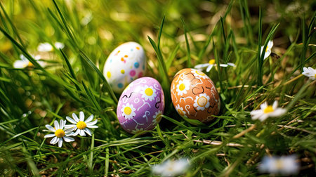 Three decorated easter eggs in the grass with daisies. Easter eggs. Generative Aiの素材