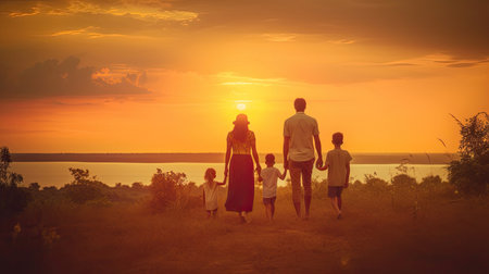 A Family, Happy family, mother, father, children son and daughter on nature on sunset. Generative Aiの素材