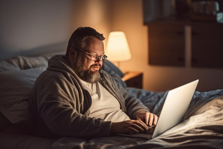 A man with down syndrome using laptop computer at home sitting at the table. Generative Aiの素材
