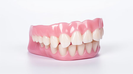 A side view of Dentures or false teeth isolate on a white background. Aesthetic Dentistry of denture.  Generative Aiの素材