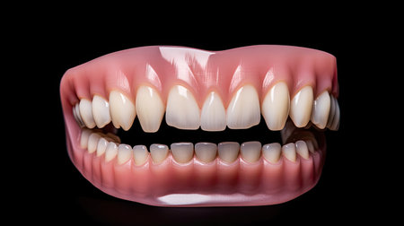 A side view of Dentures or false teeth isolate on a white background. Aesthetic Dentistry of denture.  Generative Aiの素材