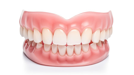 Aesthetic Dentistry of denture. Front view of complete denture isolate on a blue background.  Generative Aiの素材