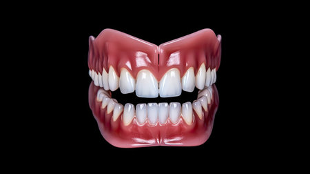 Aesthetic Dentistry of denture. Front view of complete denture isolate on a black background.  Generative Aiの素材