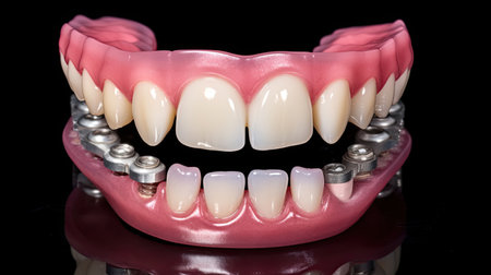 Aesthetic Dentistry of denture. Removable snap on full implant denture installation. Generative Aiの素材