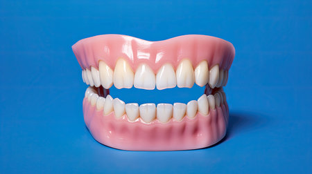 Aesthetic Dentistry of denture. Front view of complete denture isolate on a white background. Generative Aiの素材