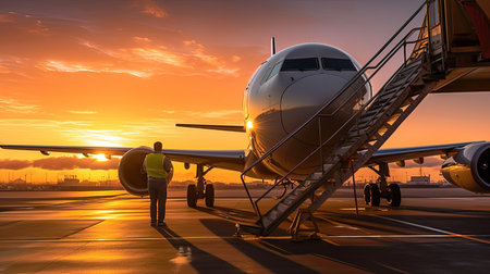 A Worker Refueling Airplane While Standing On Step Ladder. Generative Aiの素材