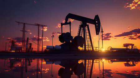 Silhouette of oil pump, industrial equipment at sunset, power industry machines for producing petroleum gas. Generative Aiの素材