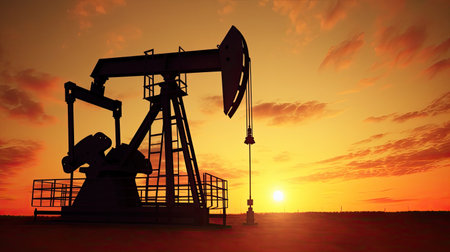 Silhouette of Crude oil pumpjack rig on desert silhouette in evening sunset, energy industrial machine for petroleum gas production. Generative Aiの素材