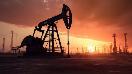 Silhouette of Crude oil pumpjack rig on desert silhouette in evening sunset, energy industrial machine for petroleum gas production. Generative Aiの素材