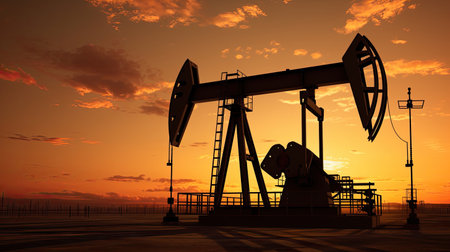 Silhouette of Crude oil pumpjack rig on desert silhouette in evening sunset, energy industrial machine for petroleum gas production. Generative Aiの素材