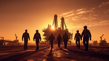 Team of oil workers walking out of oil rig on desert silhouette at sunset, power industry machines for producing petroleum gas. Generative Aiの素材
