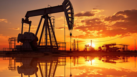 Silhouette of oil pump, industrial equipment at sunset, power industry machines for producing petroleum gas. Generative Aiの素材
