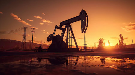 Silhouette of oil pump, industrial equipment at sunset, power industry machines for producing petroleum gas. Generative Aiの素材