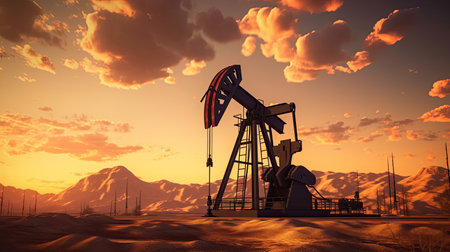 Silhouette of Crude oil pumpjack rig on desert silhouette in evening sunset, energy industrial machine for petroleum gas production. Generative Aiの素材