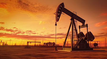 Silhouette of oil pump, industrial equipment at sunset, power industry machines for producing petroleum gas. Generative Aiの素材