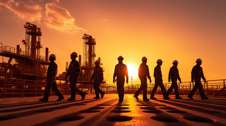 Team of oil workers walking out of oil rig on desert silhouette at sunset, power industry machines for producing petroleum gas. Generative Aiの素材