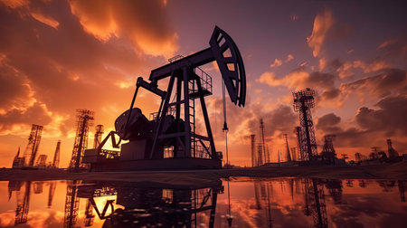 Silhouette of oil pump, industrial equipment at sunset, power industry machines for producing petroleum gas. Generative Aiの素材