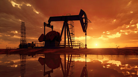Silhouette of oil pump, industrial equipment at sunset, power industry machines for producing petroleum gas. Generative Aiの素材
