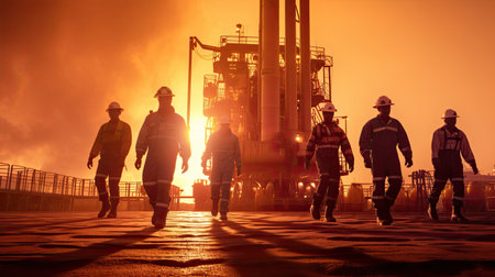 Team of oil workers walking out of oil rig on desert silhouette at sunset, power industry machines for producing petroleum gas. Generative Aiの素材