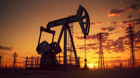 Silhouette of oil pump, industrial equipment at sunset, power industry machines for producing petroleum gas. Generative Aiの素材