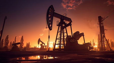Silhouette of oil pump, industrial equipment at sunset, power industry machines for producing petroleum gas. Generative Aiの素材