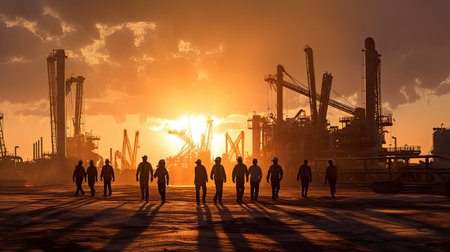 Team of oil workers walking out of oil rig on desert silhouette at sunset, power industry machines for producing petroleum gas. Generative Aiの素材