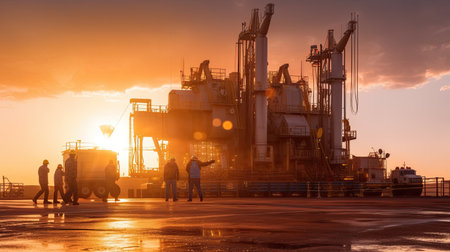 Team of oil workers walking out of oil rig on desert silhouette at sunset, power industry machines for producing petroleum gas. Generative Aiの素材