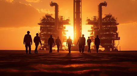 Team of oil workers walking out of oil rig on desert silhouette at sunset, power industry machines for producing petroleum gas. Generative Aiの素材
