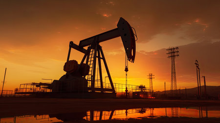 Silhouette of Crude oil pumpjack rig on desert silhouette in evening sunset, energy industrial machine for petroleum gas production. Generative Aiの素材