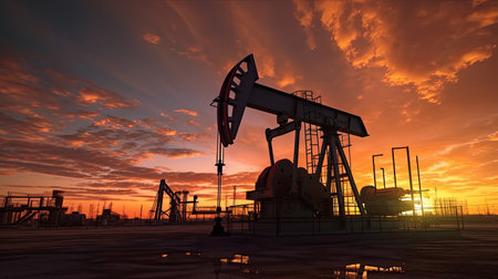 Silhouette of oil pump, industrial equipment at sunset, power industry machines for producing petroleum gas. Generative Aiの素材