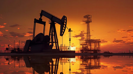 Silhouette of oil pump, industrial equipment at sunset, power industry machines for producing petroleum gas. Generative Aiの素材