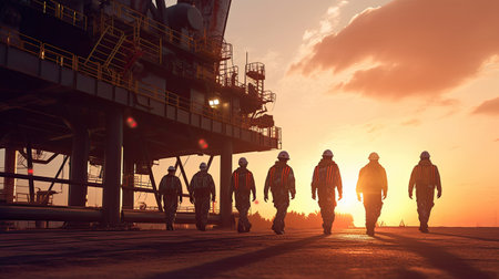 Team of oil workers walking out of oil rig on desert silhouette at sunset, power industry machines for producing petroleum gas. Generative Aiの素材