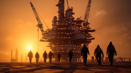Team of oil workers walking out of oil rig on desert silhouette at sunset, power industry machines for producing petroleum gas. Generative Aiの素材