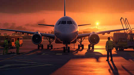 Workers refueling planes in the airport. Generative Aiの素材