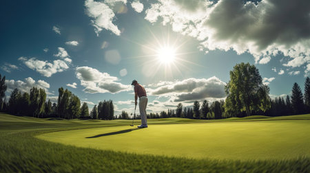 A male golfer playing golf on the course at sunset. Generative Aiの素材
