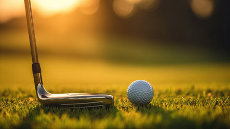 Golf ball and golf club in bag on green grass at sunset. Golfer. Generative Aiの素材