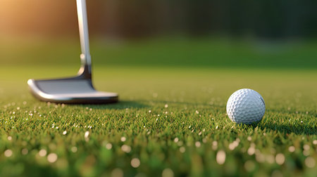 Golf ball and golf club in bag on green grass at sunset. Golfer. Generative Aiの素材