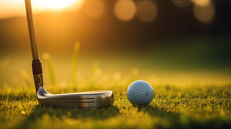 Golf ball and golf club in bag on green grass at sunset. Golfer. Generative Aiの素材