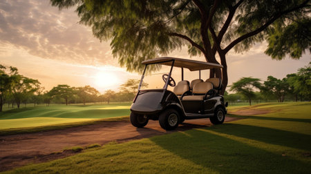 A Golf car, Golf cart car in fairway of golf course with fresh green grass field and cloud sky and tree at sunset. Generative Aiの素材