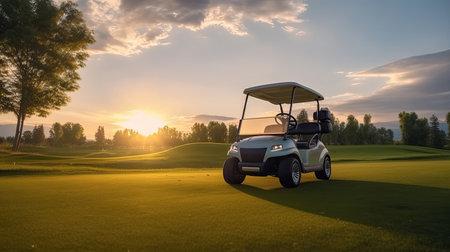 A Golf car, Golf cart car in fairway of golf course with fresh green grass field and cloud sky and tree at sunset. Generative Aiの素材